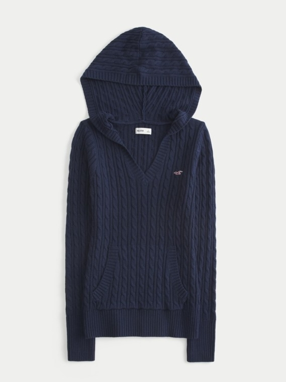 Hollister Navy Cable V‑Neck Hooded Sweater Like New Size L